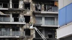 Bomberos trabajan en la limpieza del edificio incendiado, en el barrio de Campanar, a 27 de febrero de 2024, en Valencia, Comunidad Valenciana (España). Todo apunta a que el incendio del edificio del barrio Campanar de Valencia, del pasado jueves, 15 de febrero, se produjo por un fallo eléctrico. Como consecuencia, diez personas perdieron la vida, entre ellas una familia con un niño y un bebé. Hoy, un total de cien familias que han perdido sus viviendas en el incendio, han sido realojados en un inmueble del barrio de Safranar.
27 FEBRERO 2024;VALENCIA;INCENDIO;AFECTADOS;FUEGO
Jorge Gil / Europa Press
27/02/2024