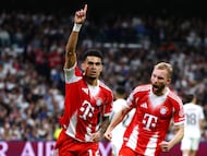 Soccer Football - UEFA Champions League - Quarter Final - First Leg - Real Madrid v Bayern Munich - Santiago Bernabeu, Madrid, Spain - April 7, 2026 Bayern Munich's Luis Diaz celebrates scoring their first goal REUTERS/Gonzalo Fuentes TPX IMAGES OF THE DAY
