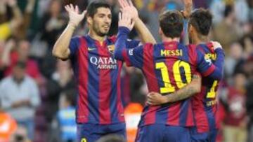 Messi, Neymar y Suárez celebran uno de sus goles ante el Getafe.