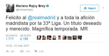 Spanish PM Mariano Rajoy: "Congratulations to Real Madrid and all the club's fans on their 33rd LaLiga win. A much desired and deserved title. Magnificent season."