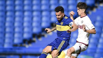 BUENOS AIRES, ARGENTINA - MAY 02: Carlos Tevez of Boca Juniors kicks the ball during a match between Boca Juniors and Lanus as part of Copa de la Liga Profesional 2021 at Estadio Alberto J. Armando on May 2, 2021 in Buenos Aires, Argentina. (Photo by Mar