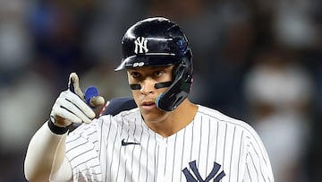 NEW YORK, NEW YORK - SEPTEMBER 08: Aaron Judge #99 of the New York Yankees reacts after hitting a double to left field in the eighth inning against the Minnesota Twins at Yankee Stadium on September 08, 2022 in the Bronx borough of New York City.   Mike Stobe/Getty Images/AFP