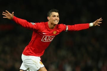Cristiano Ronaldo of Manchester United celebrates as he scores their second goal during the Barclays Premier League match between Manchester United and Bolton Wanderers at Old Trafford on March 19, 2008