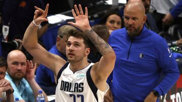 DALLAS, TX - MAY 6: Luka Doncic #77 of the Dallas Mavericks celebrates the teams 103-94 win over the Phoenix Suns late in the second half of Game Three of the 2022 NBA Playoffs Western Conference Semifinals at American Airlines Center on May 6, 2022 in Dallas, Texas. NOTE TO USER: User expressly acknowledges and agrees that, by downloading and or using this photograph, User is consenting to the terms and conditions of the Getty Images License Agreement. Ron Jenkins/Getty Images/AFP
== FOR NEWSPAPERS, INTERNET, TELCOS & TELEVISION USE ONLY ==