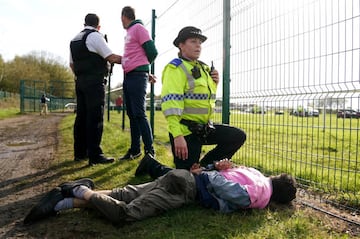 Protesters are detained by police during day three of the Randox Grand National Festival at Aintree Racecourse, Liverpool. Picture date: Saturday April 15, 2023. (Photo by Tim Goode/PA Images via Getty Images)