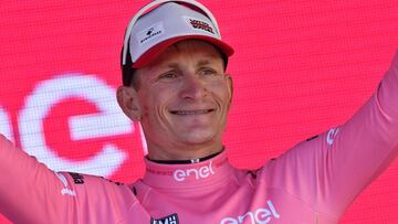 Germany's Andre' Greipel celebrates on podium after winning the second stage and take the lead of the Giro d'Italia, Tour of Italy cycling race, from Olbia to Tortoli', Italy, Saturday, May 6, 2017. (Dario Belinghieri/ANSA via AP)