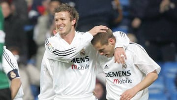 Beckham celebrates one of Owen's goals for Madrid.