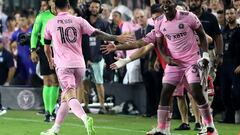 Inter Miami's Argentine forward Lionel Messi (L) celebrates with teammates after scoring a goal during the Leagues Cup Group J football match between Inter Miami CF and Cruz Azul at DRV PNK Stadium in Fort Lauderdale, Florida, on July 21, 2023. (Photo by Chris Arjoon / AFP)