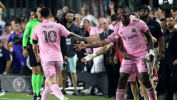 Inter Miami's Argentine forward Lionel Messi (L) celebrates with teammates after scoring a goal during the Leagues Cup Group J football match between Inter Miami CF and Cruz Azul at DRV PNK Stadium in Fort Lauderdale, Florida, on July 21, 2023. (Photo by Chris Arjoon / AFP)