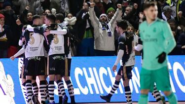 Unionistas players celebrate their goal during the Copa del Rey (King's Cup) football match between Unionistas de Salamanca CF and Real Madrid CF at Las Pistas del Helmantico stadium in Salamanca, on January 22, 2020. (Photo by JAVIER SORIANO / AFP)