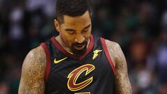 BOSTON, MA - MAY 27: JR Smith #5 of the Cleveland Cavaliers reacts in the first half against the Boston Celtics during Game Seven of the 2018 NBA Eastern Conference Finals at TD Garden on May 27, 2018 in Boston, Massachusetts. NOTE TO USER: User expressly