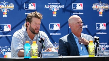 LOS ANGELES, CA - JULY 18:  Clayton Kershaw #22 of the Los Angeles Dodgers speaks during the All-Star Press Conference at Dodger Stadium on Monday, July 18, 2022 in Los Angeles, California. (Photo by Rob Tringali/MLB Photos via Getty Images)