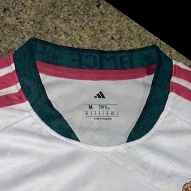 El cuello, el logo de Adidas y la publicidad de Emirates y HP serían de color verde oscuro y las tres rayas de la manga de rosa.