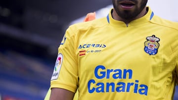 Detalle de la camiseta de Las Palmas en su partido ante el Barcelona. 