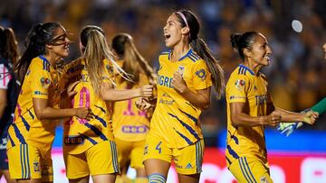 Greta Espinoza celebrates her goal 2-1 with Katty Martinez of Tigres during the game Tigres UANL vs Monterrey, corresponding to 12th round match of Torneo Apertura Grita Mexico A21 of the Liga BBVA MX Femenil, at Universitario Stadium, on October 09, 2