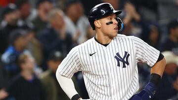 NEW YORK, NEW YORK - OCTOBER 23: Aaron Judge #99 of the New York Yankees looks on after reaching third base in the second inning against the Houston Astros in game four of the American League Championship Series at Yankee Stadium on October 23, 2022 in the Bronx borough of New York City. Elsa/Getty Images/AFP