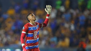 Cruz Azul's Colombian goalkeeper #23 Kevin Mier celebrates his team's first goal during the CONCACAF Champions Cup semifinals first leg football match between Mexico's Tigres and Cruz Azul at the UANL University Stadium in Monterrey, Nuevo Leon State, Mexico, on April 23, 2025. (Photo by Julio Cesar AGUILAR / AFP)