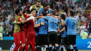 FILE PHOTO: Soccer Football - World Cup - Round of 16 - Uruguay vs Portugal - Fisht Stadium, Sochi, Russia - June 30, 2018 Uruguay players celebrate after the match