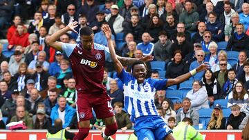 Soccer Football - Premier League - Brighton & Hove Albion v Aston Villa - The American Express Community Stadium, Brighton, Britain - May 5, 2024 Aston Villa's Ezri Konsa concedes a penalty against Brighton & Hove Albion's Simon Adingra Action Images via Reuters/Matthew Childs NO USE WITH UNAUTHORIZED AUDIO, VIDEO, DATA, FIXTURE LISTS, CLUB/LEAGUE LOGOS OR 'LIVE' SERVICES. ONLINE IN-MATCH USE LIMITED TO 45 IMAGES, NO VIDEO EMULATION. NO USE IN BETTING, GAMES OR SINGLE CLUB/LEAGUE/PLAYER PUBLICATIONS.