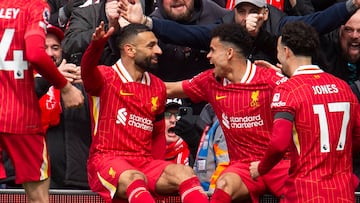 LIVERPOOL (United Kingdom), 13/04/2025.- Luis Diaz of Liverpool celebrates after scoring the opening goal with Mohamed Salah of Liverpool during the English Premier League soccer match between Liverpool FC and West Ham United, in Liverpool, Britain, 13 April 2025. (Reino Unido) EFE/EPA/PETER POWELL EDITORIAL USE ONLY. No use with unauthorized audio, video, data, fixture lists, club/league logos, 'live' services or NFTs. Online in-match use limited to 120 images, no video emulation. No use in betting, games or single club/league/player publications.