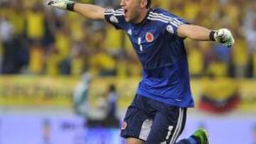 Ospina celebra un gol de Colombia durante el Mundial 2014.