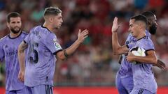 ALMERIA, SPAIN - AUGUST 14: Lucas Vazquez of Real Madrid celebrates 1-1 with Federico Valverder of Real Madrid  during the La Liga Santander  match between UD Almeria v Real Madrid at the Estadio de los Juegos Mediterraneos on August 14, 2022 in Almeria Spain (Photo by David S. Bustamante/Soccrates/Getty Images)