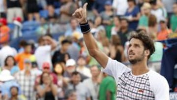 Sep 6, 2015; New York, NY, USA; Feliciano Lopez of Spain celebrates after his match against Fabio Fognini of Italy (not pictured) on day seven of the 2015 U.S. Open tennis tournament at USTA Billie Jean King National Tennis Center. Lopez won 6-3, 7-6 (5), 6-1. Mandatory Credit: Geoff Burke-USA TODAY Sports