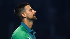 Serbia's Novak Djokovic looks on during the Riyadh Season Tennis Cup exhibition tournament match in the Saudi capital on December 27, 2023. (Photo by AFP)