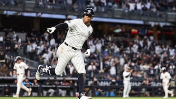 NEW YORK, NEW YORK - APRIL 08: Juan Soto #22 of the New York Yankees points to the dugout after hitting a three-run home run during the fourth inning of the game against the Miami Marlins at Yankee Stadium on April 08, 2024 in in the Bronx borough of New York City.   Dustin Satloff/Getty Images/AFP (Photo by Dustin Satloff / GETTY IMAGES NORTH AMERICA / Getty Images via AFP)