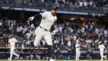 NEW YORK, NEW YORK - APRIL 08: Juan Soto #22 of the New York Yankees points to the dugout after hitting a three-run home run during the fourth inning of the game against the Miami Marlins at Yankee Stadium on April 08, 2024 in in the Bronx borough of New York City.   Dustin Satloff/Getty Images/AFP (Photo by Dustin Satloff / GETTY IMAGES NORTH AMERICA / Getty Images via AFP)