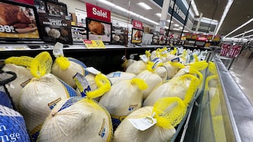 FILE PHOTO: Turkeys are displayed for sale at a Jewel-Osco grocery store ahead of Thanksgiving, in Chicago, Illinois, U.S. November 18, 2021. REUTERS/Christopher Walljasper/File Photo
