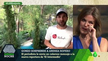 Captura de 'La Sexta Noche' de Andrea Ropero emocionada viendo el vídeo que le ha enviado Gonzo ante su llegada a 'El Intermedio' como su sucesora.