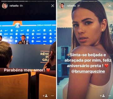 Mensajes de Rafaella, la hermana de Neymar, felicitando al jugador por su fichaje por el PSG y a su exnovia, Bruna Marquezine, por su cumpleaños.