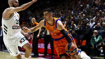 Alberto Abalde of Valencia Basket (R) and Nik Calathes of Panathinaikos (L) of Panathinaikos during Turkish Airlines Euroleague match between Valencia Basket vs Pananthiaikos BC Opap at La Fonteta arena on Jaunary 31, 2020.