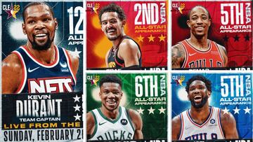 Kevin Durant, Trae Young, DeMar DeRozan, Giannis Antetokounmpo y Joel Embiid, titulares de la Conferencia Este.