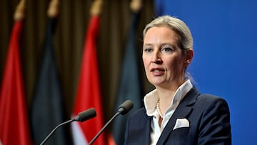 FILE PHOTO: Alternative for Germany (AfD) party co-leader Alice Weidel speaks during a joint press conference with Hungarian Prime Minister Viktor Orban in Budapest, Hungary, February 12, 2025. REUTERS/Marton Monus/File Photo