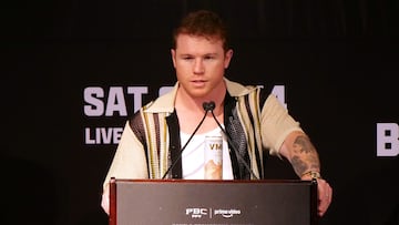 BEVERLY HILLS, CALIFORNIA - AUGUST 06: Canelo Alvarez speaks during a press conference to promote the September 14th fight between Alvarez and Edgar Berlanga at The Beverly Hills Hotel � Crystal Ballroom on August 06, 2024 in Beverly Hills, California. Kaelin Mendez/Getty Images/AFP (Photo by Kaelin Mendez / GETTY IMAGES NORTH AMERICA / Getty Images via AFP)