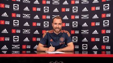 MANCHESTER, ENGLAND - JULY 26: (EXCLUSIVE COVERAGE) Christian Eriksen of Manchester United poses after signing for the club at Carrington Training Ground on July 26, 2022 in Manchester, England. (Photo by Manchester United/Manchester United via Getty Images)