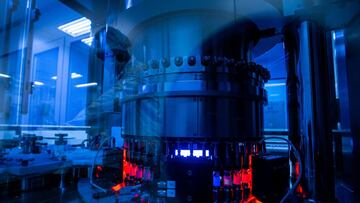 SAO PAULO, BRAZIL - APRIL 23: An employee works on the production line of CoronaVac, Sinovac Biontech&#039;s vaccine against COVID-19 at Butantan biomedical production center on April 23, 2021 in Sao Paulo, Brazil. While Butantan Institute works on develo