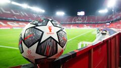 Detail of ball during the UEFA Champions League round of 16, first leg match between Sevilla Futbol Club and Borussia Dortmund at Ramon Sanchez Pizjuan Stadium on February 17, 2021 in Sevilla, Spain.
 AFP7 
 16/02/2021 ONLY FOR USE IN SPAIN
