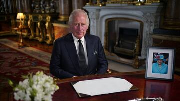 King Charles III delivers his address to the nation and the Commonwealth from Buckingham Palace, London, following the death of Queen Elizabeth II on Thursday. Picture date: Friday September 9, 2022. Yui Mok/Pool via REUTERS