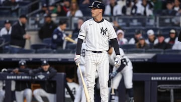 Apr 1, 2025; Bronx, New York, USA; New York Yankees center fielder Cody Bellinger (35) holds a torpedo bat as he steps up to the plate in the first inning against the Arizona Diamondbacks at Yankee Stadium. Mandatory Credit: Wendell Cruz-Imagn Images