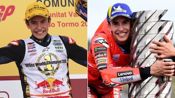 A la izquierda, Marc Márquez celebra su primer título del mundo en 2010, de 125cc. A la derecha, el español celebra su novena corona.
