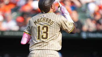 BALTIMORE, MD - JULY 27: Manny Machado #13 of the San Diego Padres celebrates a three run home run in the seventh inning during a baseball game against the Baltimore Orioles at Oriole Park at Camden Yards on July 27, 2024 in Baltimore, Maryland. Mitchell Layton/Getty Images/AFP (Photo by Mitchell Layton / GETTY IMAGES NORTH AMERICA / Getty Images via AFP)