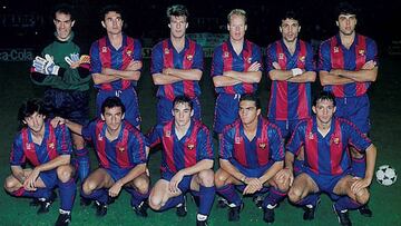 En 1991 el Barcelona gana su liga número once, la primera de la era Cruyff como entrenador. De pie: Zubizarreta, Serna, Laudrup, Koeman, Stoichkov y Nando. Agachados: Bakero, Beguiristáin, Ferrer, Amor y Goicoechea.