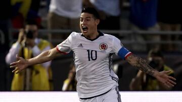 James Rodriguez #10 of Colombia reacts to scoring a goal during the first half of a 2016 Copa America Centenario Group A match between Columbia and Paraguay at Rose Bowl on June 7, 2016 in Pasadena, California.