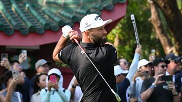 LIV Golf team Legion XIII GC captain Jon Rahm of Spain tees off on day four of the LIV Golf tournament at Fanling golf club in Hong Kong on March 8, 2026. (Photo by Peter PARKS / AFP)