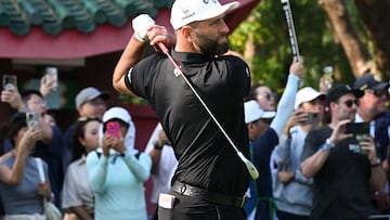 LIV Golf team Legion XIII GC captain Jon Rahm of Spain tees off on day four of the LIV Golf tournament at Fanling golf club in Hong Kong on March 8, 2026. (Photo by Peter PARKS / AFP)