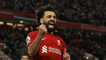 Soccer Football - Premier League - Liverpool v Wolverhampton Wanderers - Anfield, Liverpool, Britain - March 1, 2023 Liverpool's Mohamed Salah celebrates scoring their second goal REUTERS/Phil Noble EDITORIAL USE ONLY. No use with unauthorized audio, video, data, fixture lists, club/league logos or 'live' services. Online in-match use limited to 75 images, no video emulation. No use in betting, games or single club /league/player publications.  Please contact your account representative for further details.