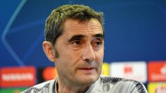 BARCELONA, SPAIN - APRIL 15: Ernesto Valverde, Manager of Barcelona speaks to the media during a press conference ahead of their second leg in the UEFA Champions League Quarter Final match against Manchester United at Ciutat Esportiva Joan Gamper on April